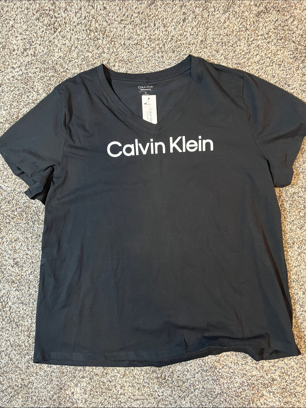 Calvin Klein Black V-Neck Tee with White Logo, Size 1X